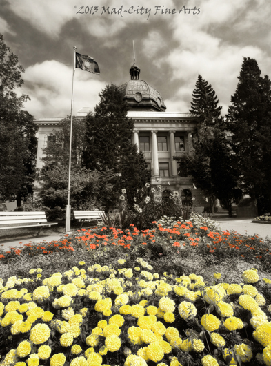 Colorful flowers bloom in front of the Oneida County Courthouse in Rhinelander, Wi.