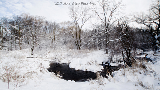 A winter landscape features this river near Elkhorn, WI